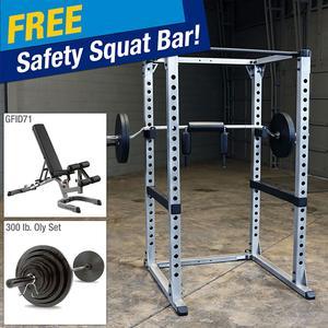 Body-Solid Power Rack Package with Adjustable Bench, 300 lb. Weight Set, and FREE Safety Squat Bar